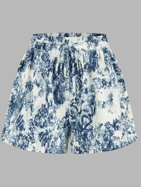 NWOT Commense Toile Print Tie Waist Casual Mini Shorts. High Rise. Blue White. S